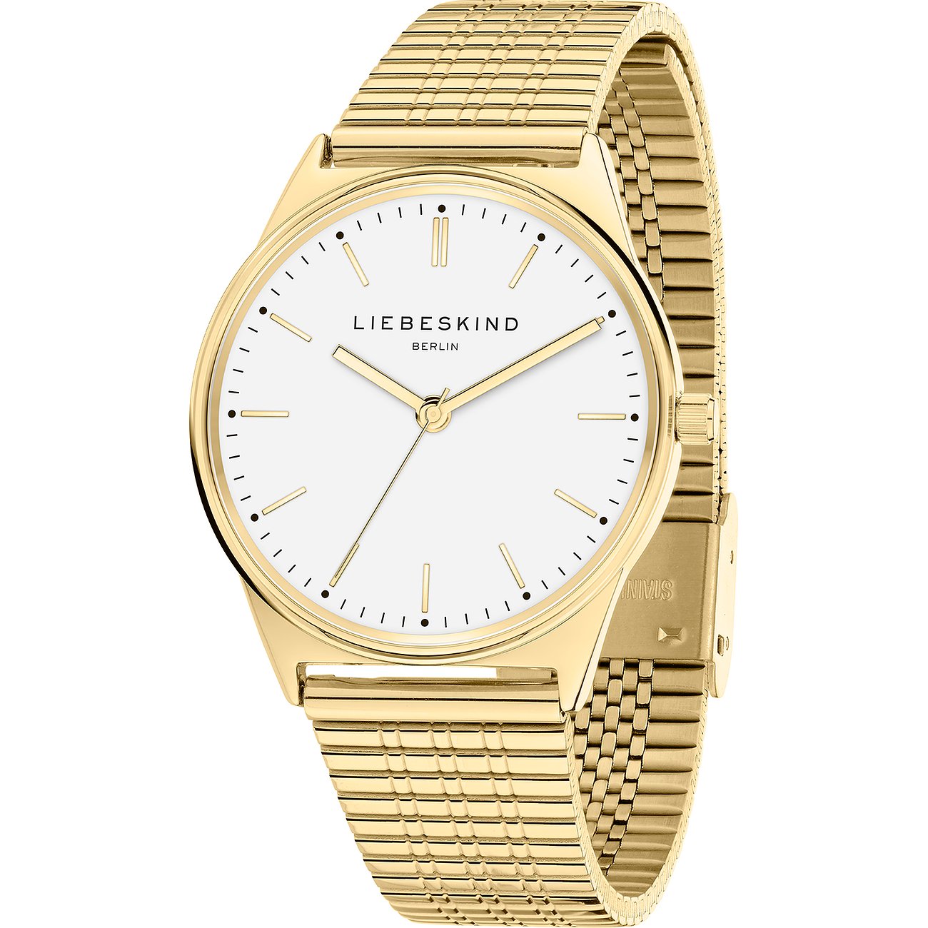 Eine klassische, goldfarbene Liebeskind Damenuhr aus Edelstahl mit weißem Zifferblatt und feinem Gliederarmband.