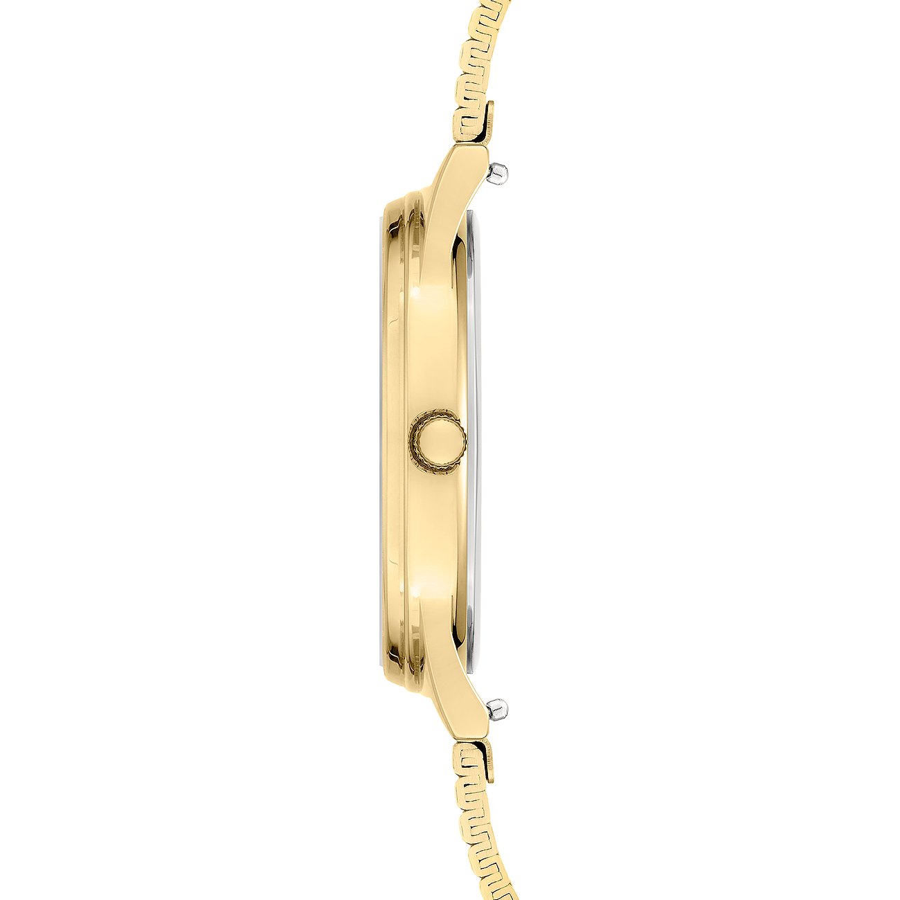 Seitenansicht einer goldenen Liebeskind Damenuhr aus Edelstahl mit filigranem Armband und runder Krone.