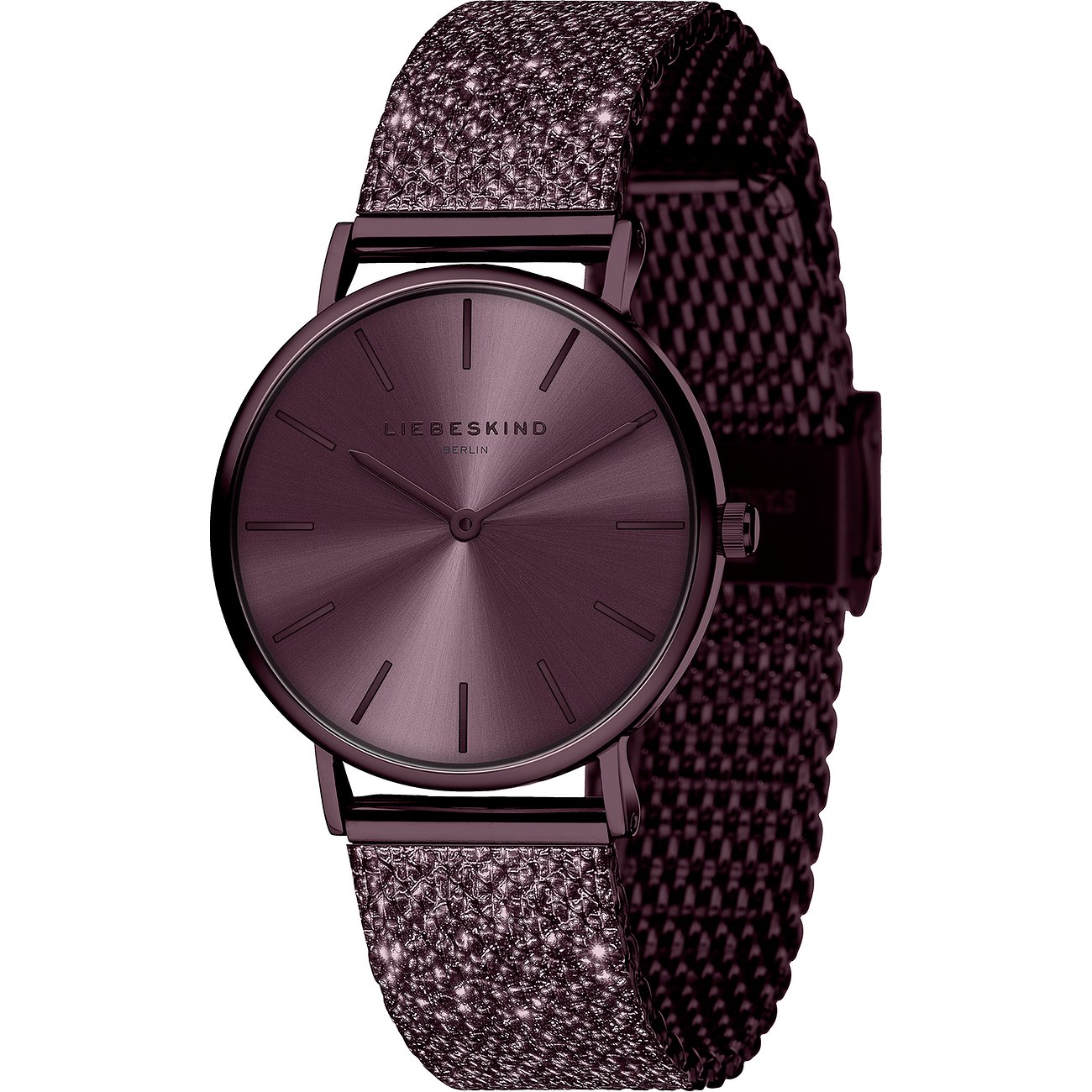 Nahaufnahme einer violettfarbenen Liebeskind Damenuhr aus Edelstahl mit glitzerndem Mesh-Armband auf weißem Hintergrund.