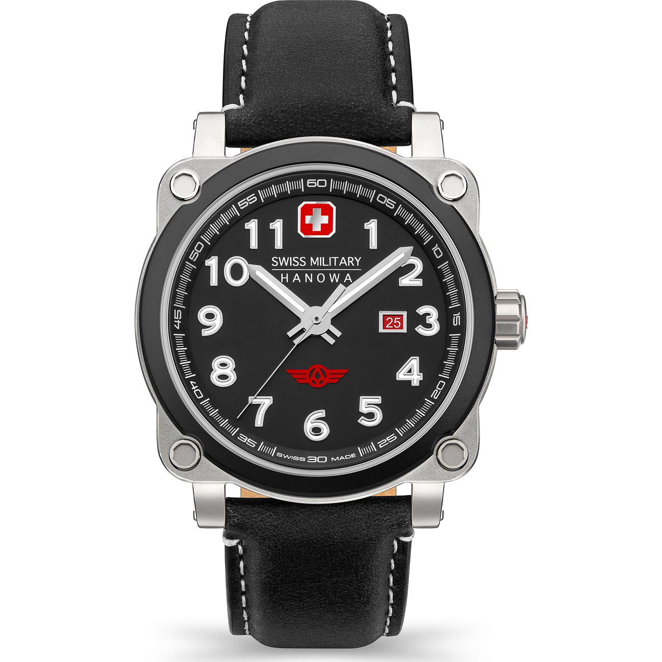 Swiss Military Hanowa Herrenuhr aus Edelstahl mit quadratischem Gehäuse und schwarzem Zifferblatt.