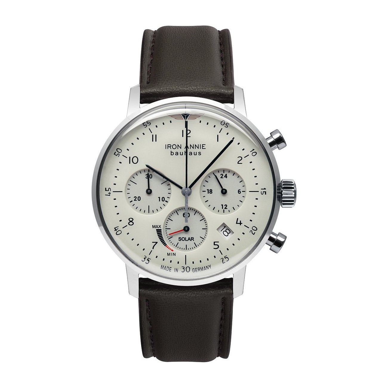 Iron Annie Bauhaus Herrenuhr aus Edelstahl: beiges Zifferblatt mit drei Chronographenaugen, braunes Lederarmband.
