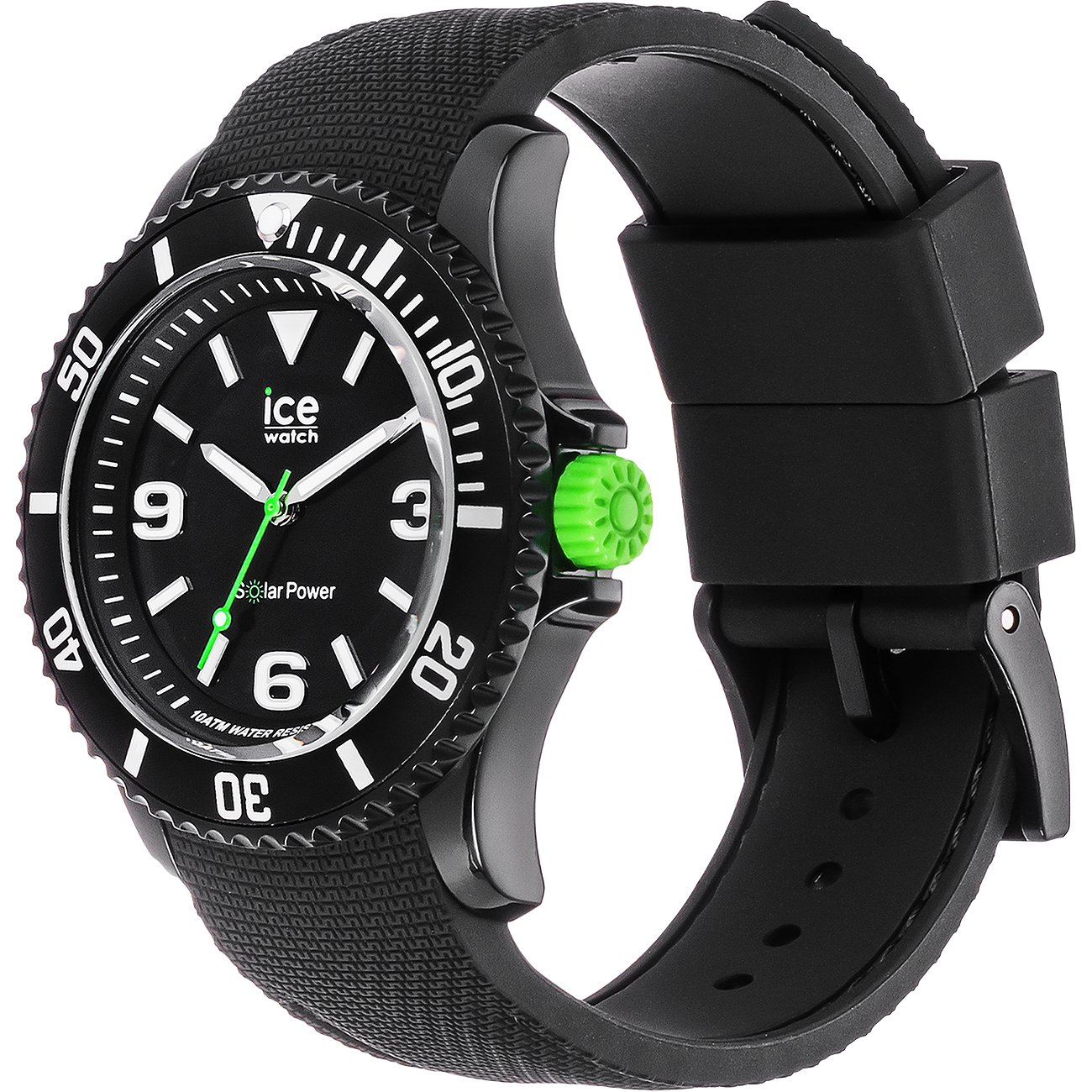 Close-up einer schwarzen ICE Watch Unisexuhr aus Metall mit einem strukturierten Armband und leuchtend grüner Krone.