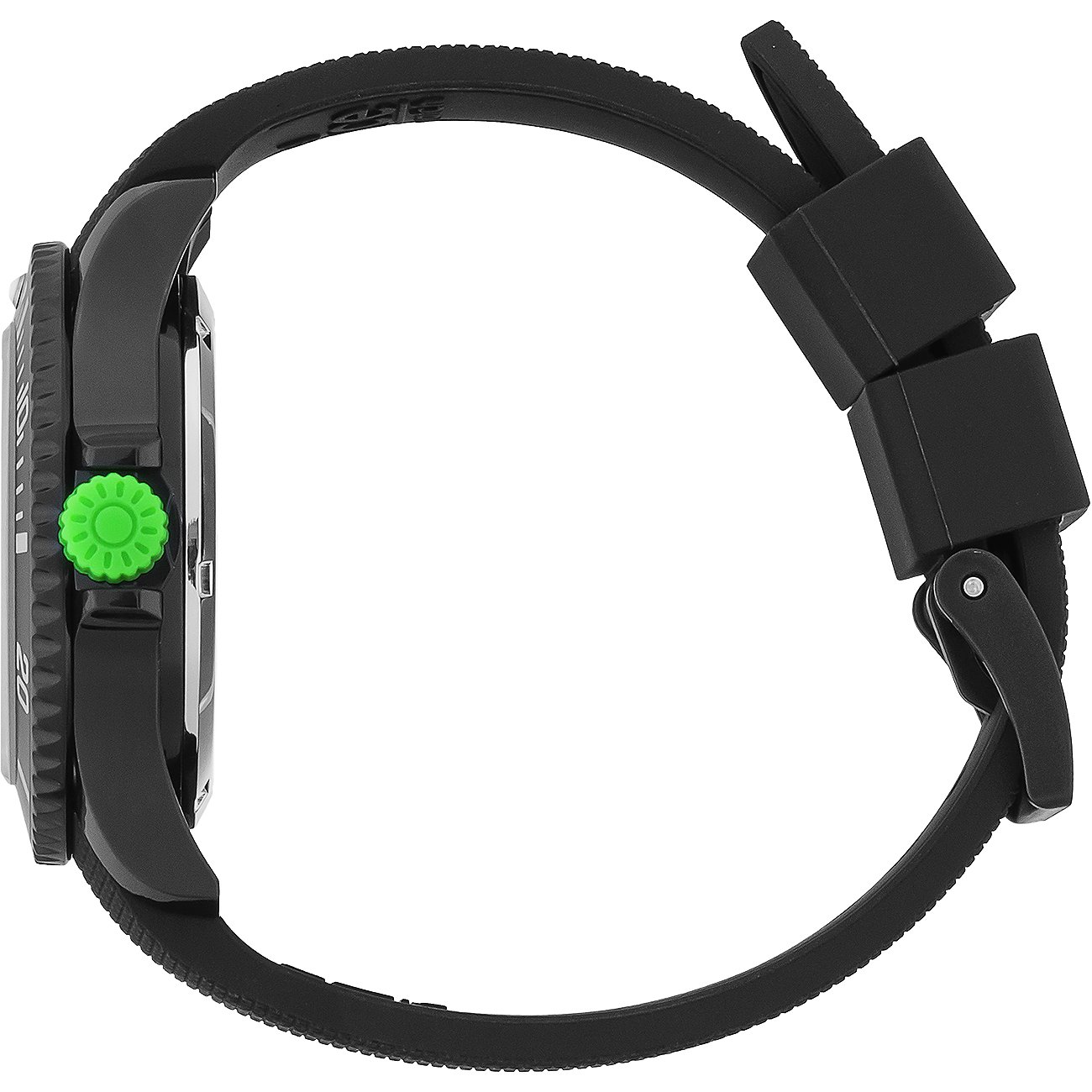 Seitenansicht einer schwarzen ICE Watch Unisexuhr aus Metall mit einem grünen Rädchen an der Seite.