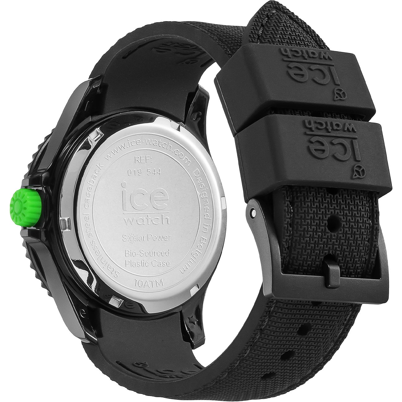Rückseite einer ICE Watch Uniseuhr aus Metall mit einem grünen Knopf und schwarzem Armband mit Schließe.
