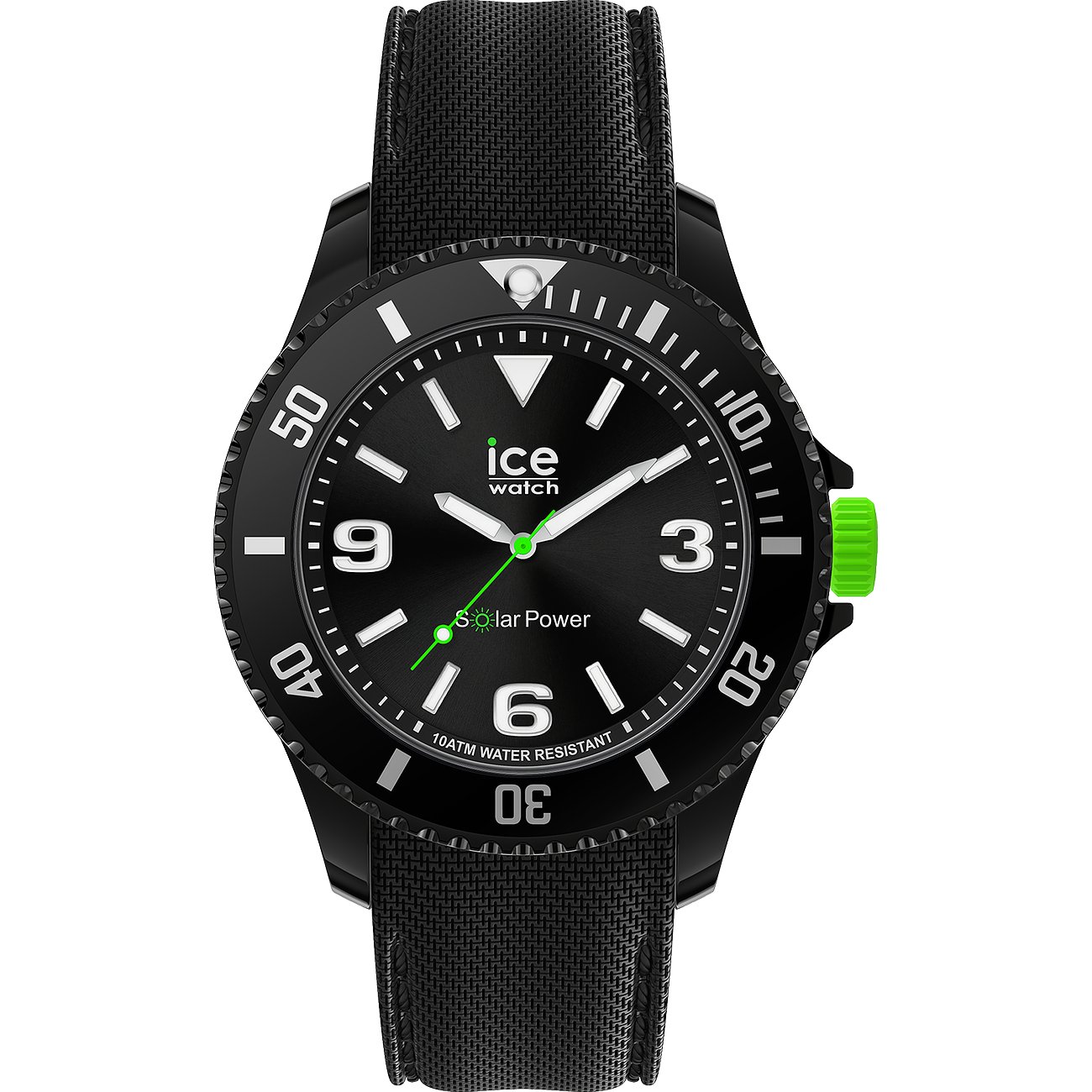 ICE Watch Unisexuhr aus schwarzem Metall mit schwarzem Zifferblatt und grünem Akzent an der Krone.