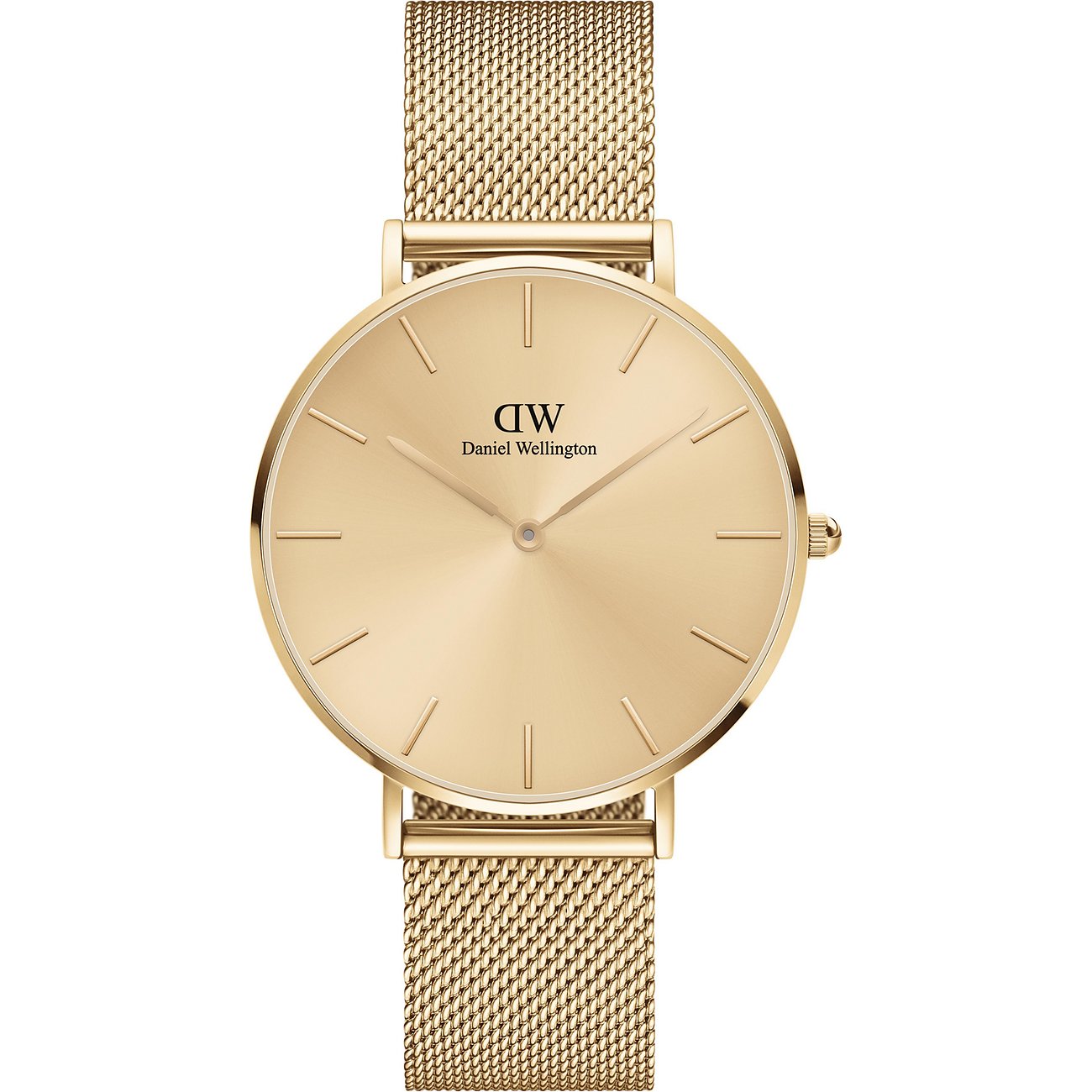 Eine von Daniel Wellington gefertigte goldene Unisexuhr aus Edelstahl mit Metall-Milanaiseband.