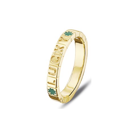 CHRIST X YOU Ring aus Gelbgold mit grünen Kleeblatt-Details.