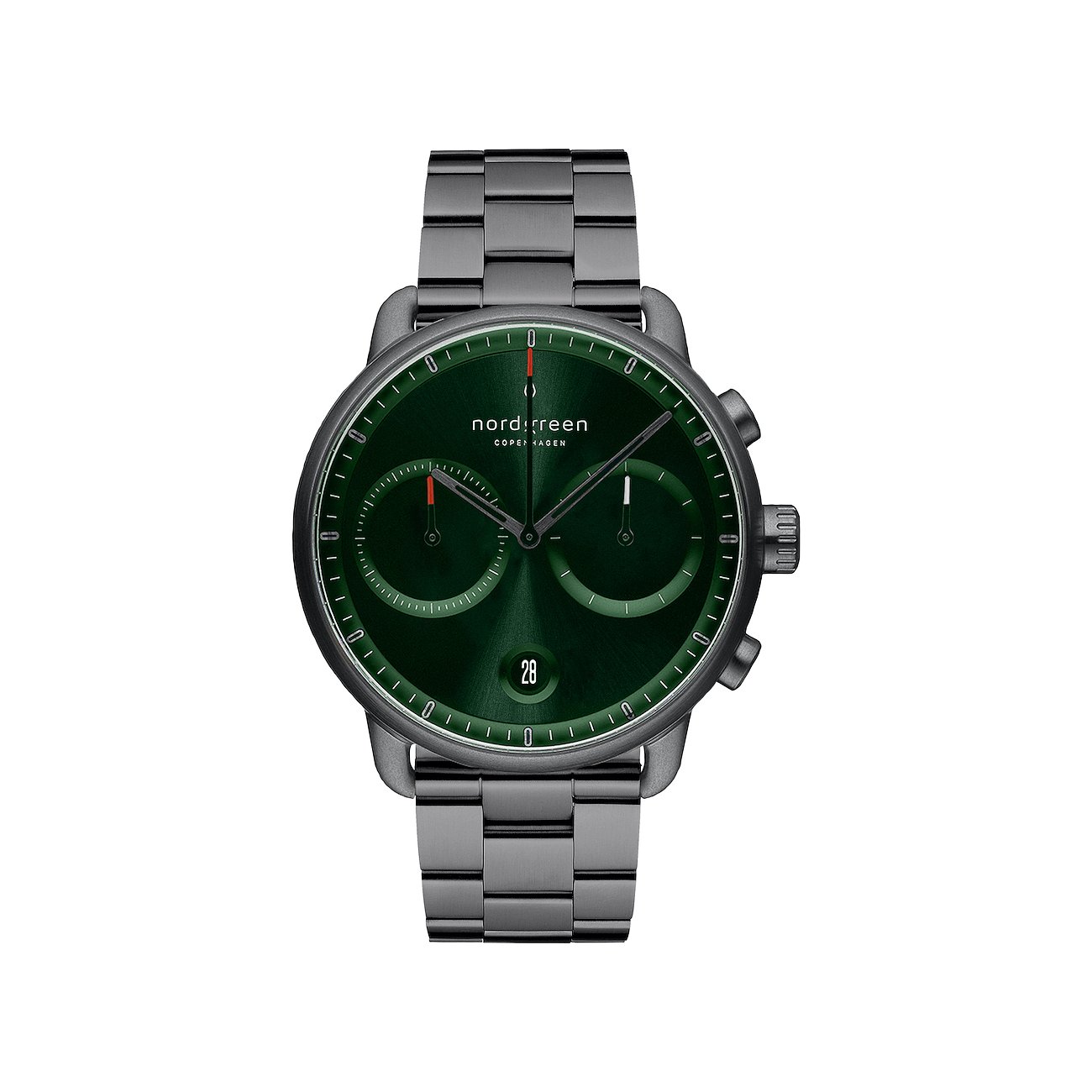 Nordgreen Herrenuhr aus blauem Edelstahl mit dunkelgrünem Zifferblatt und Chronographenanzeigen auf weißem Hintergrund.