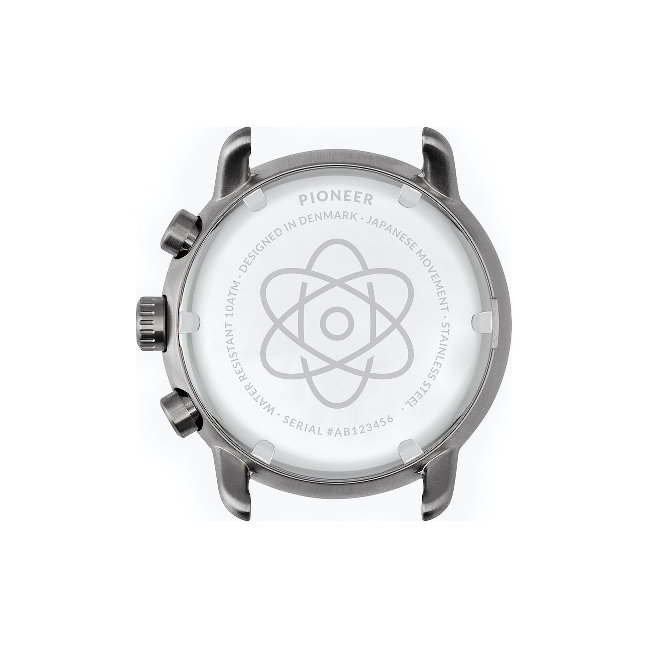 Rückseite einer Nordgreen Herrenuhr aus Edelstahl, mit Gravuren wie 