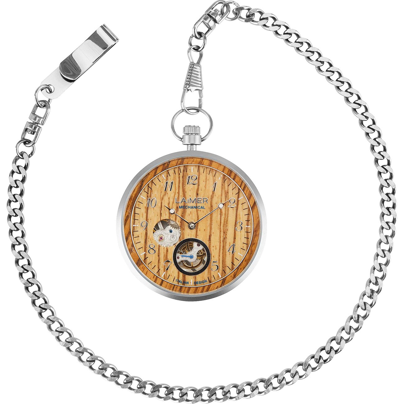 Laimer Taschenuhr aus Edelstahl und Holz mit sichtbarem Uhrwerk und Kette hängend, frontal aufgenommen.