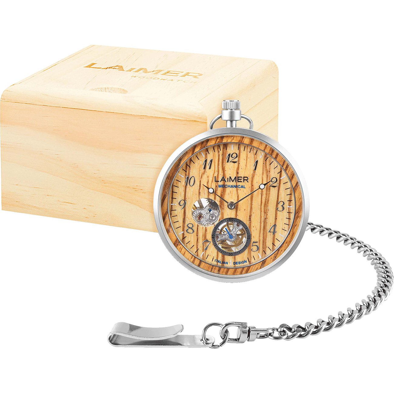 Laimer Taschenuhr aus Edelstahl und Holz mit sichtbarem Uhrwerk und Kette, neben einer braunen Holzschatulle.
