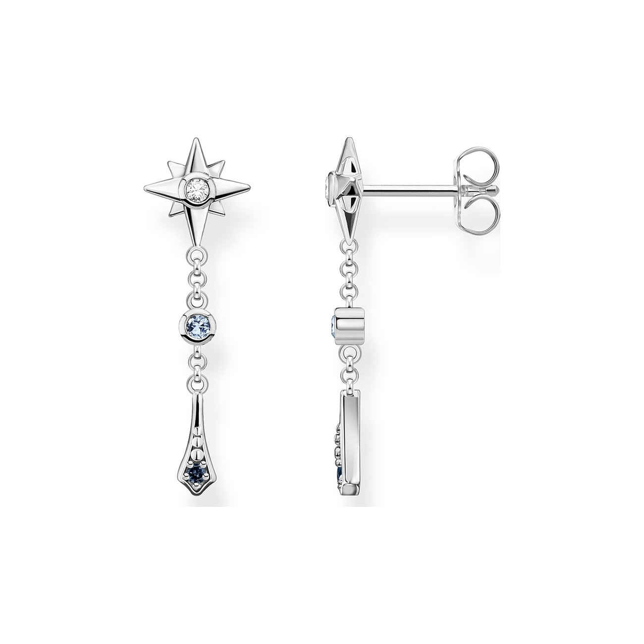 Thomas Sabo Ohrringe aus Silber mit Sternmotiv und blauem Farbstein in der Vorder- und Seitenansicht.