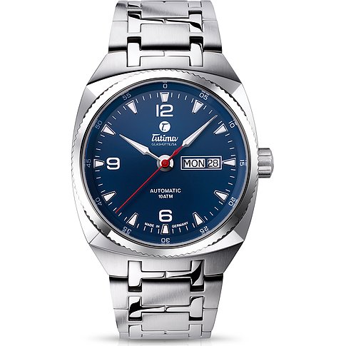 Eine Tutima Glashütte Herrenuhr aus Edelstahl mit blauem Zifferblatt und silberfarbenen Stundenmarkierungen.