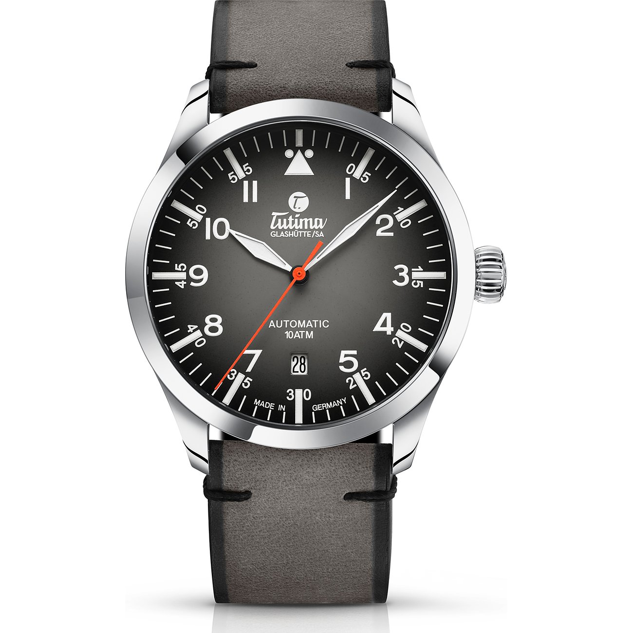 Die Tutima Glashütte Herrenuhr aus silbernem Edelstahl mit grauem Zifferblatt und Lederarmband.