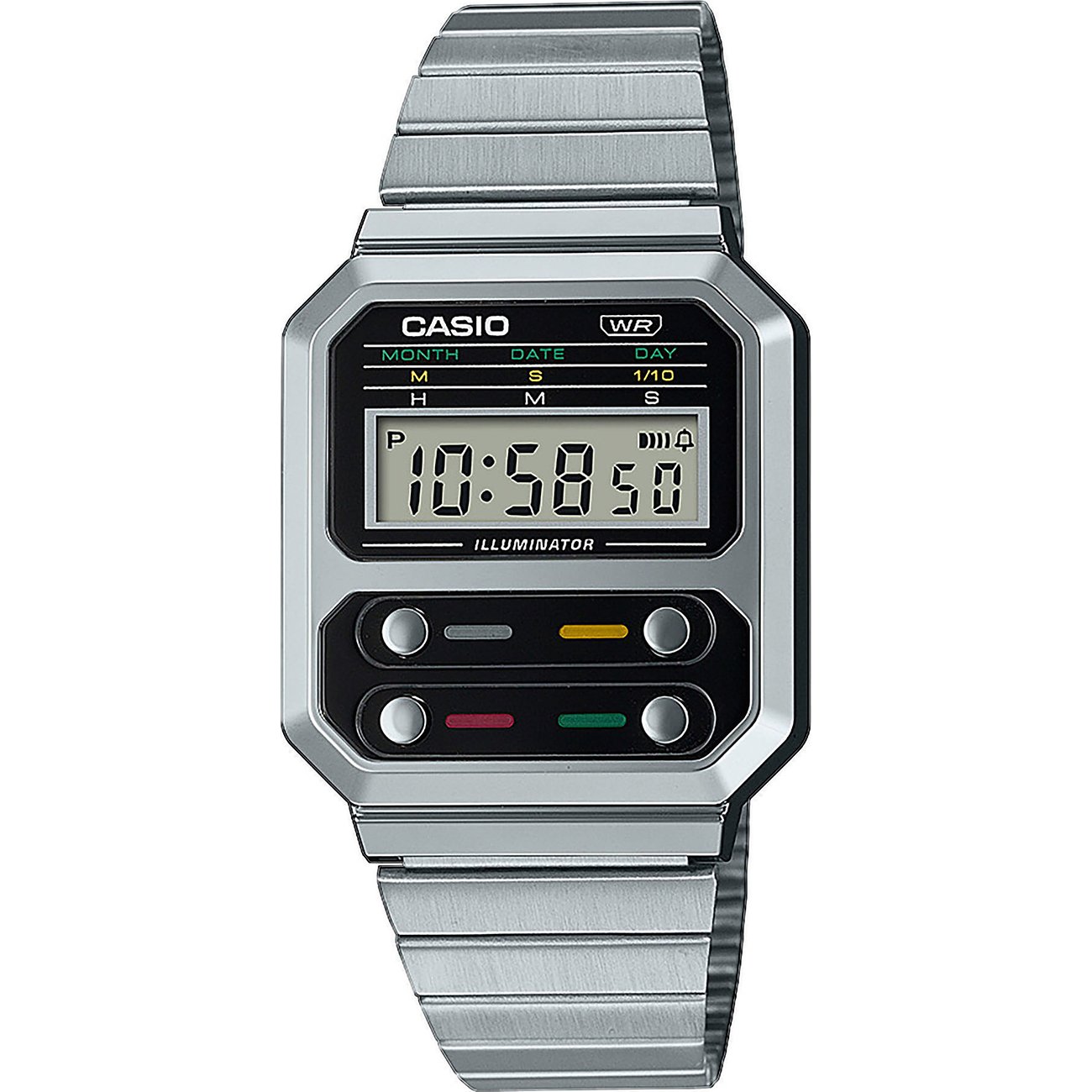 Casio Unisexuhr aus Resin mit digitaler Anzeige und silberfarbenem Armband, frontal auf weißem Hintergrund.