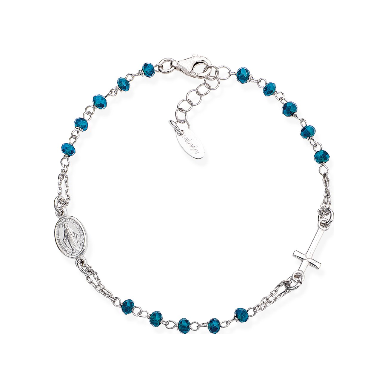 Amen Silberarmband für Damen mit hellblauen Glassteinperlen, Karabinerverschluss, Kreuz-Anhänger und Maria-Platte.