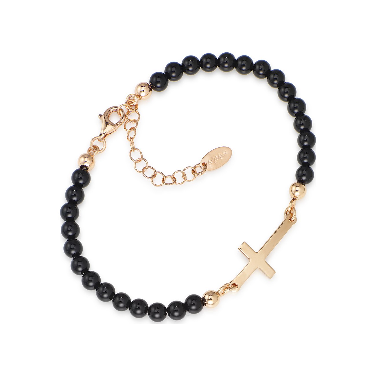Amen Armband aus rhodiniertem Silber mit glänzenden Onyxperlen und einem seitlich platzierten Kreuz.