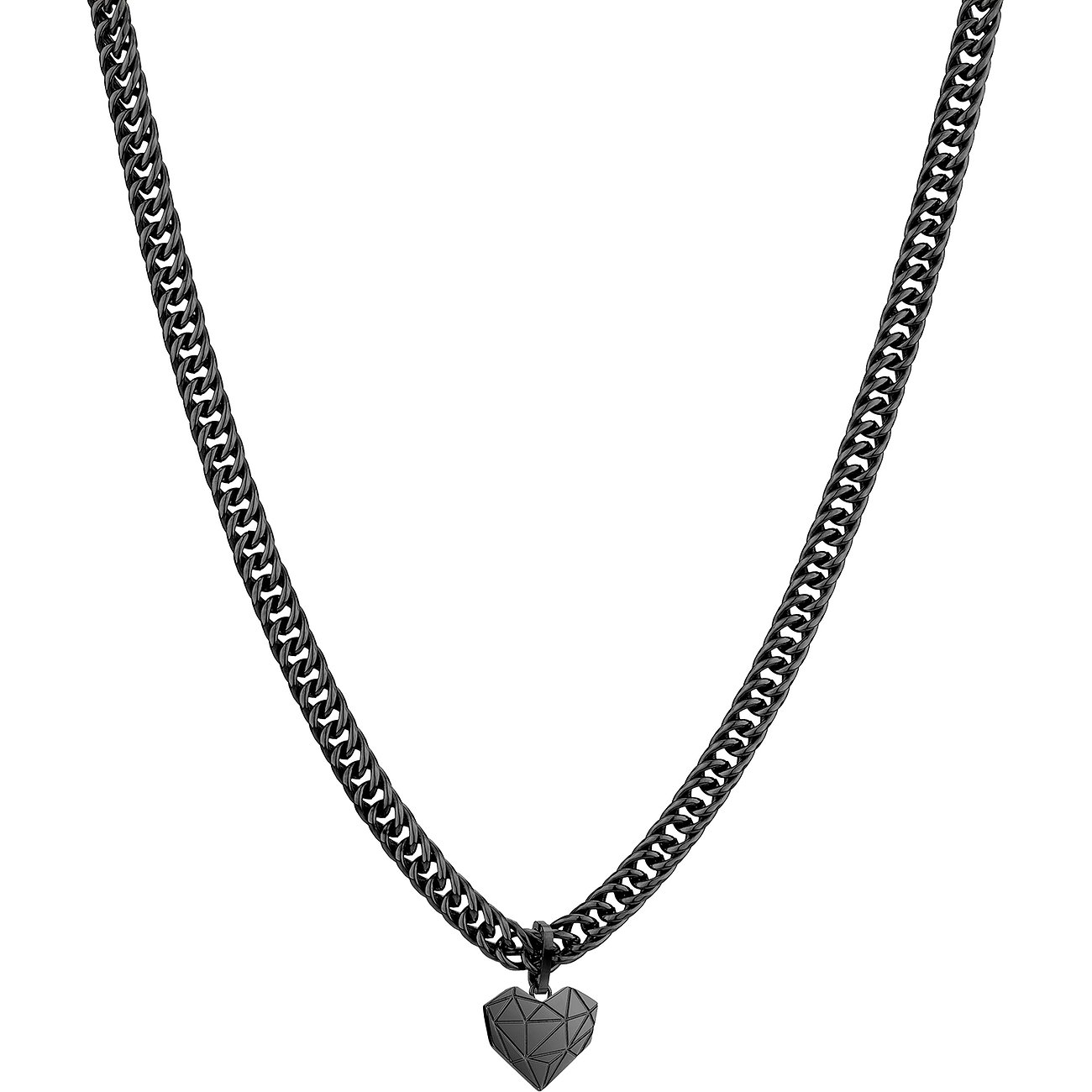 Liebeskind Halsschmuck aus schwarzem Edelstahl mit herzförmigem Anhänger in geometrischem Design.