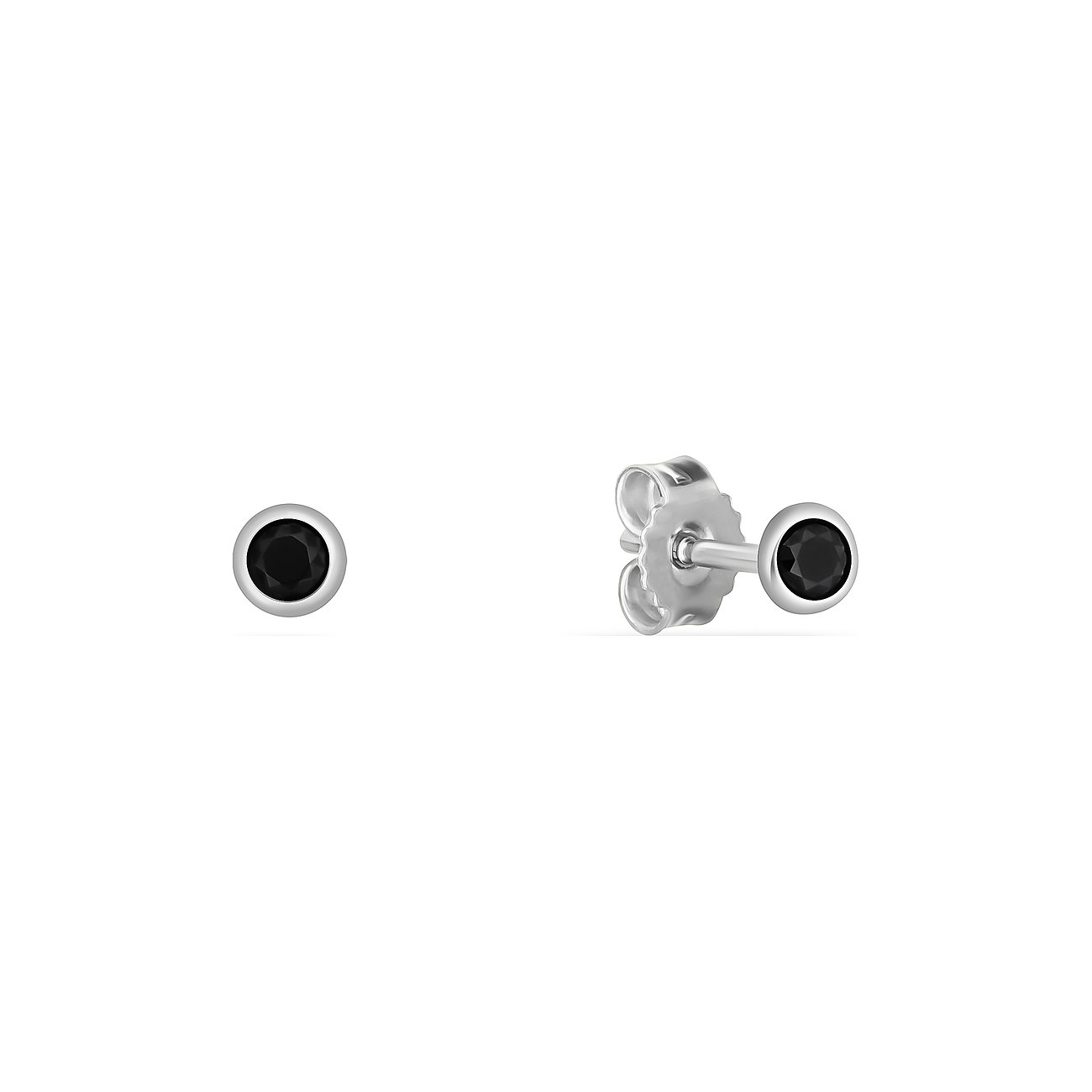 FAVS Ohrschmuck aus 925er Silber auf weißem Hintergrund, bestehend aus einem Ohrstecker mit schwarzem Zirkonia.