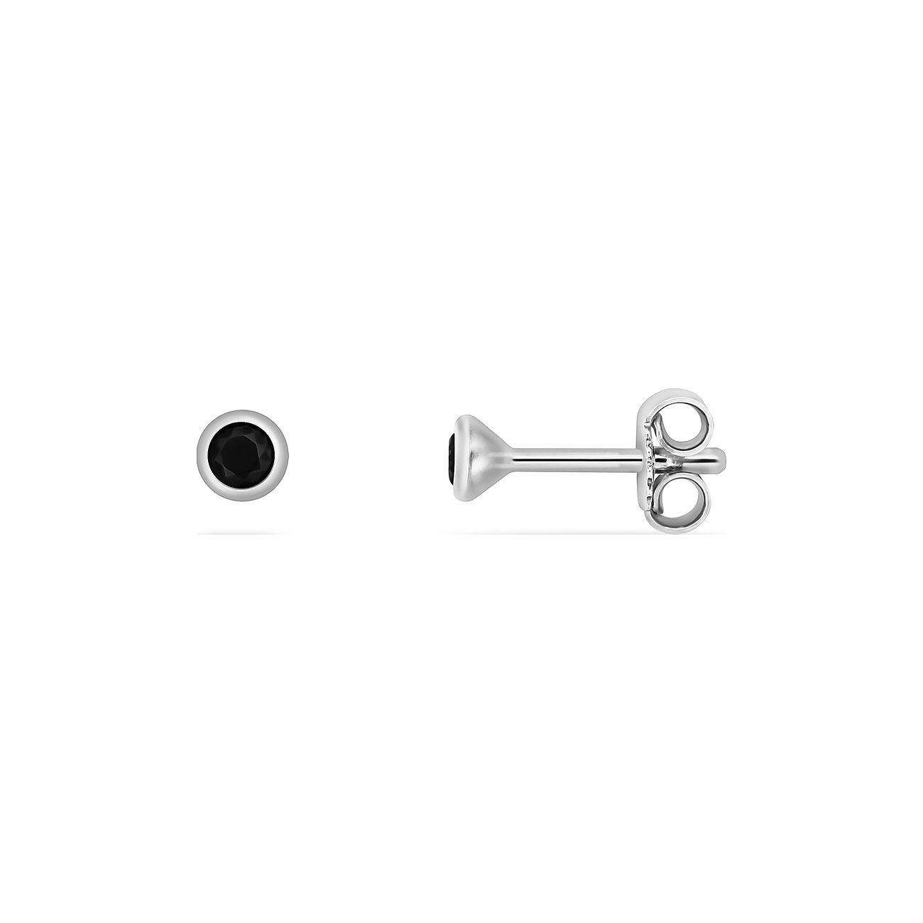 FAVS Ohrstecker aus 925er Silber mit schwarzem Zirkonia in Lünettenfassung, von vorne und seitlich gezeigt.