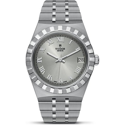 Tudor Herrenuhr mit Edelstahlgehäuse, silberfarbenes Zifferblatt, römische Ziffern.