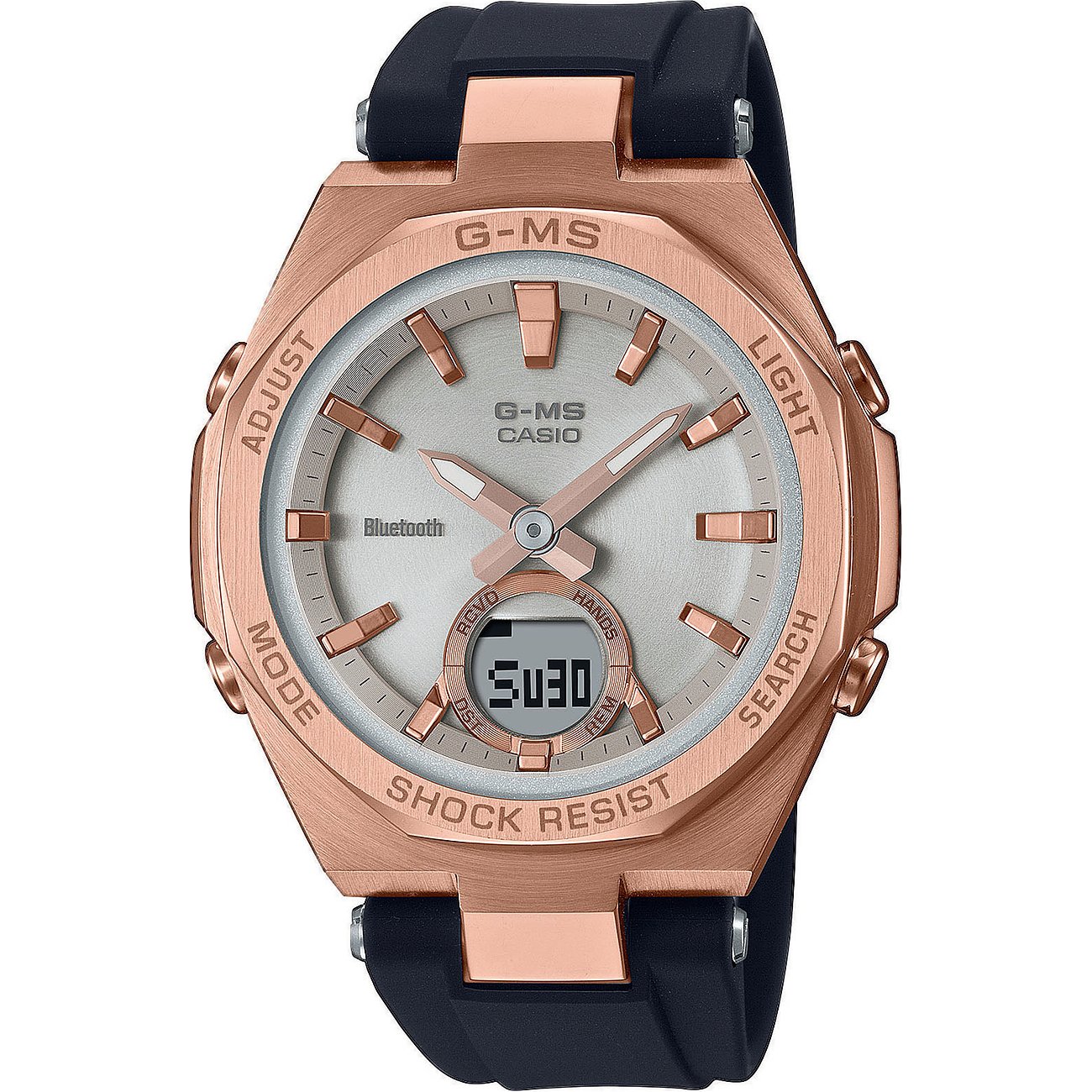 Casio Damenuhr aus roségoldfarbenem Edelstahl mit schwarzem Armband und hellem Zifferblatt, frontal fotografiert.