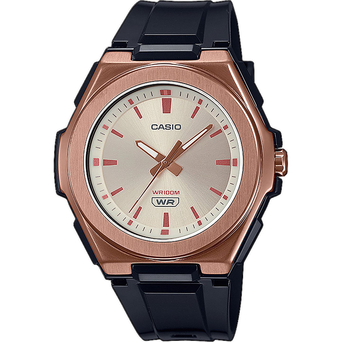 Casio Damenuhr aus schwarzem Edelstahl mit roségoldenem Rand, hellem Zifferblatt und roten Indexen.
