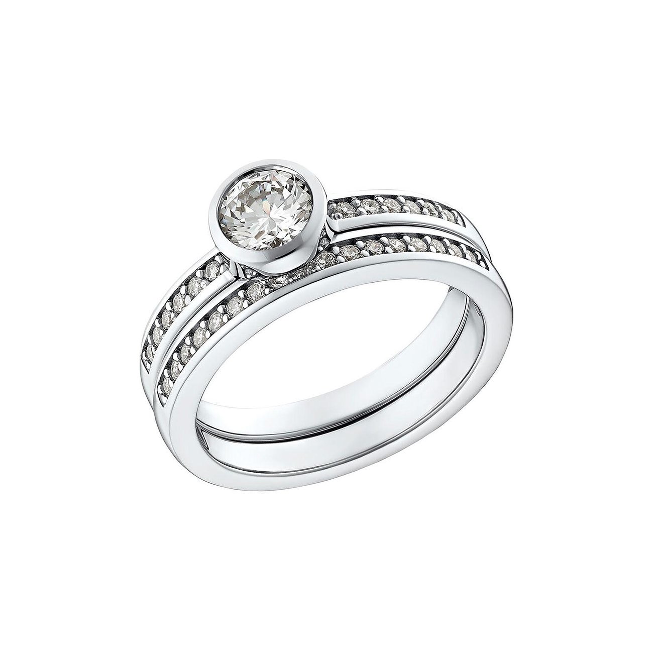 JOOP! Silberring im Verlobungsring-Look mit einem mittigen runden Zirkonia und seitlichen Zirkonia auf zwei Reihen.
