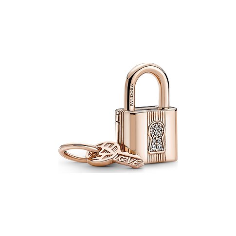 Pandora Vorhängeschloss-Anhänger aus rosévergoldetem Metall mit Zirkonia.