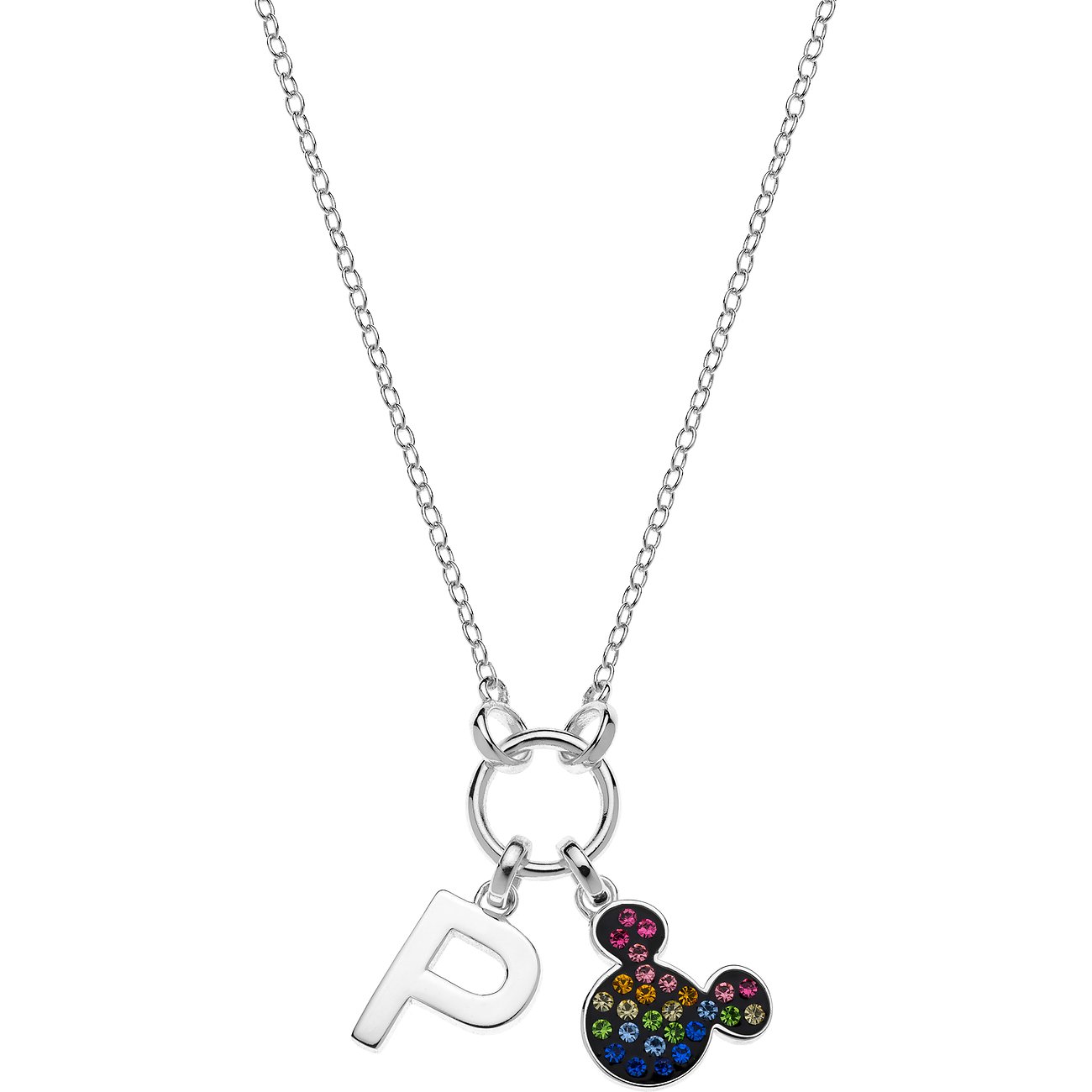 Disney Halsschmuck aus 925er Silber mit einem Anhänger des Buchstabens „P“ und einem bunten Mickey-Maus-Kopf.