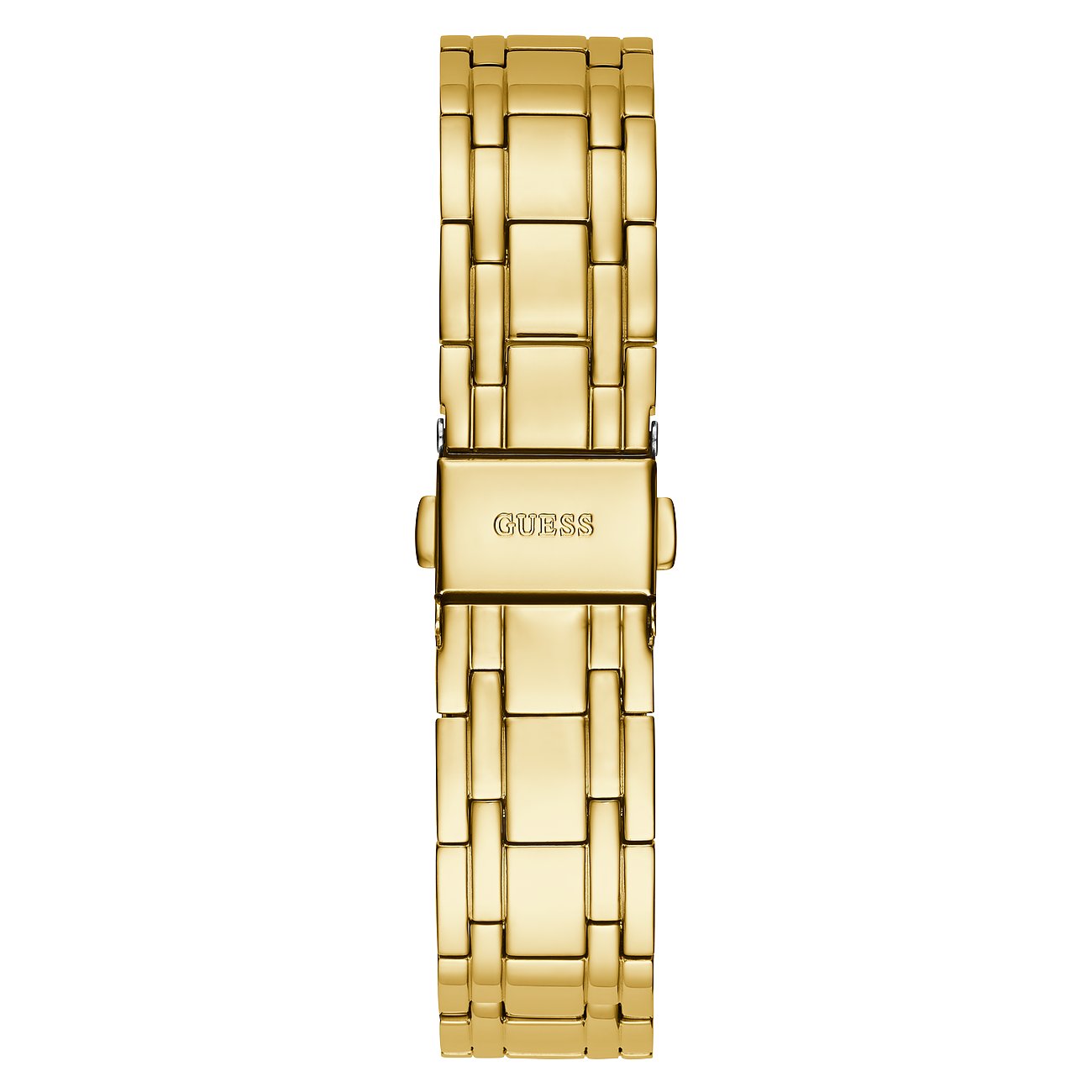 Nahaufnahme eines goldenen Guess Edelstahl-Uhrenarmbandes mit geschlossener Faltschließe auf weißem Hintergrund.