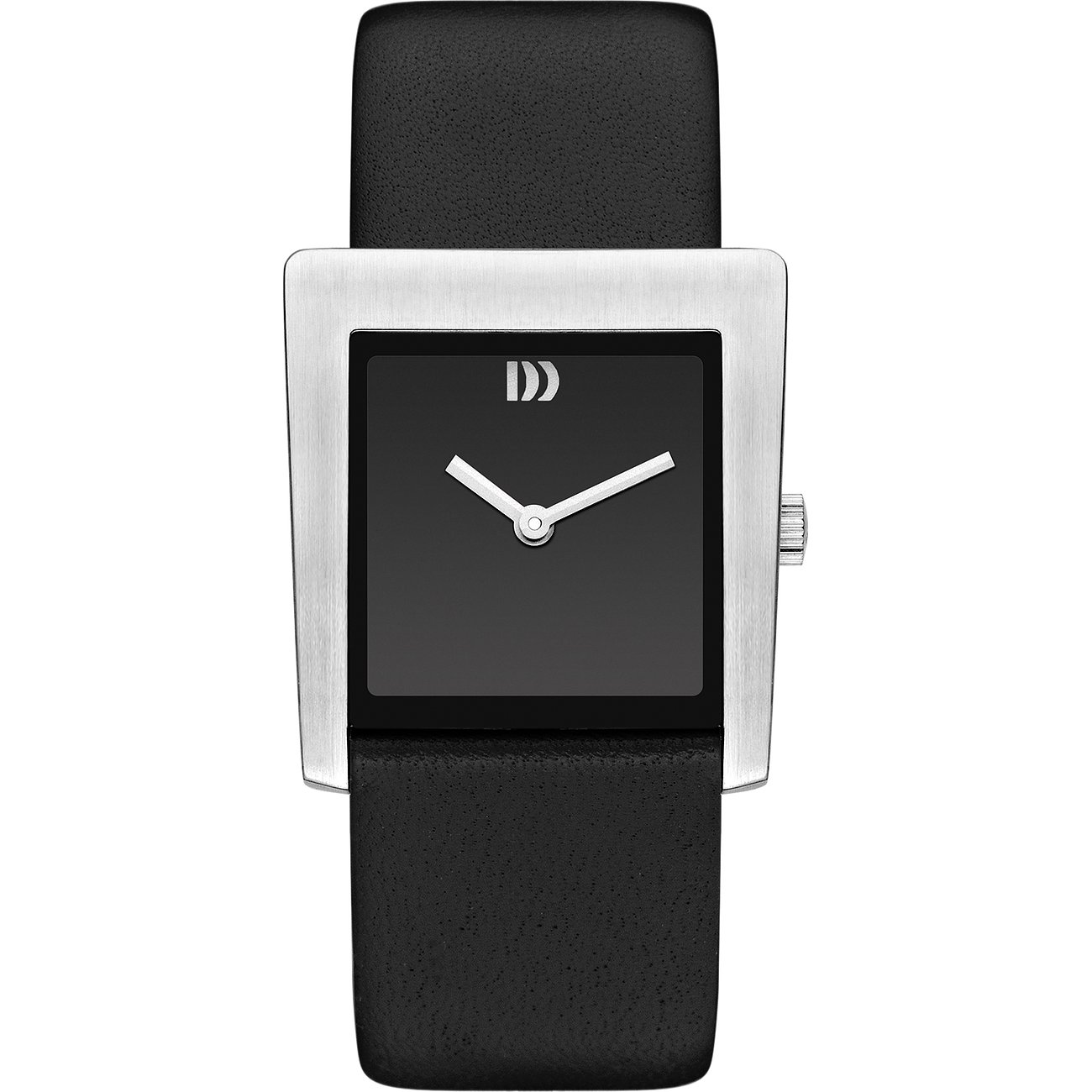 Eine rechteckige Danish Design Damenuhr aus Edelstahl mit schwarzem Zifferblatt und schwarzem Lederarmband.