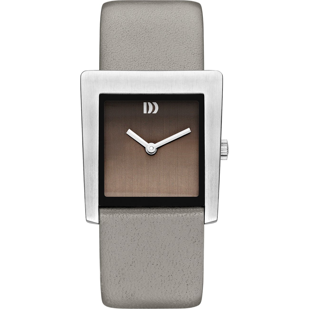 Danish Design Damenuhr aus Edelstahl mit eckigem, gebürsteten Gehäuse und dunkelbraunem Zifferblatt auf grauem Band.