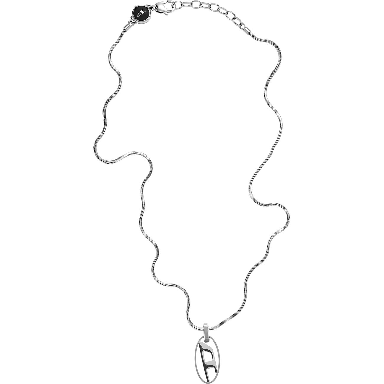 Diesel Halsschmuck aus Edelstahl mit ovalem Anhänger und Logo.