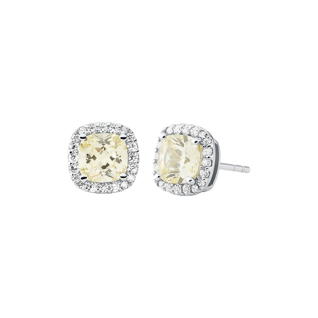 Michael Kors Ohrstecker aus 925er Silber mit quadratischen, gelben Zirkonia-Farbsteinen, umrandet von weißen Zirkonia.