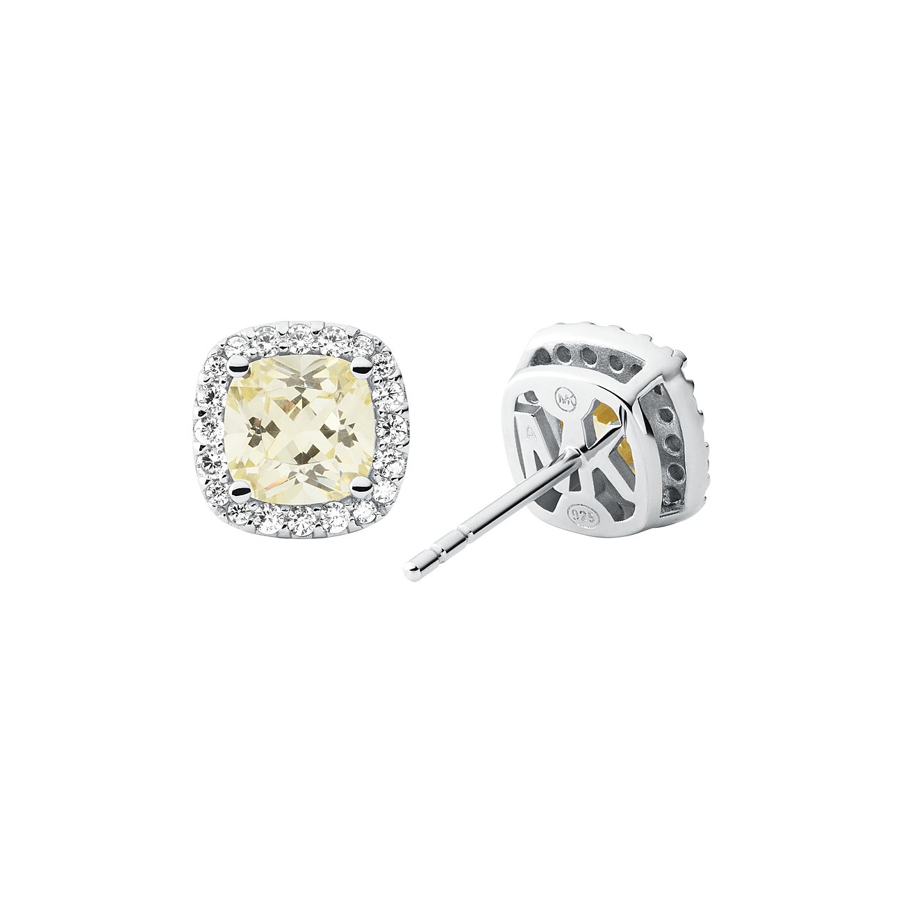 Michael Kors 925er Silber Ohrschmuck mit quadratischem, gelbem Zirkonia-Farbstein, umrandet von kleineren, klaren Zirkonias.