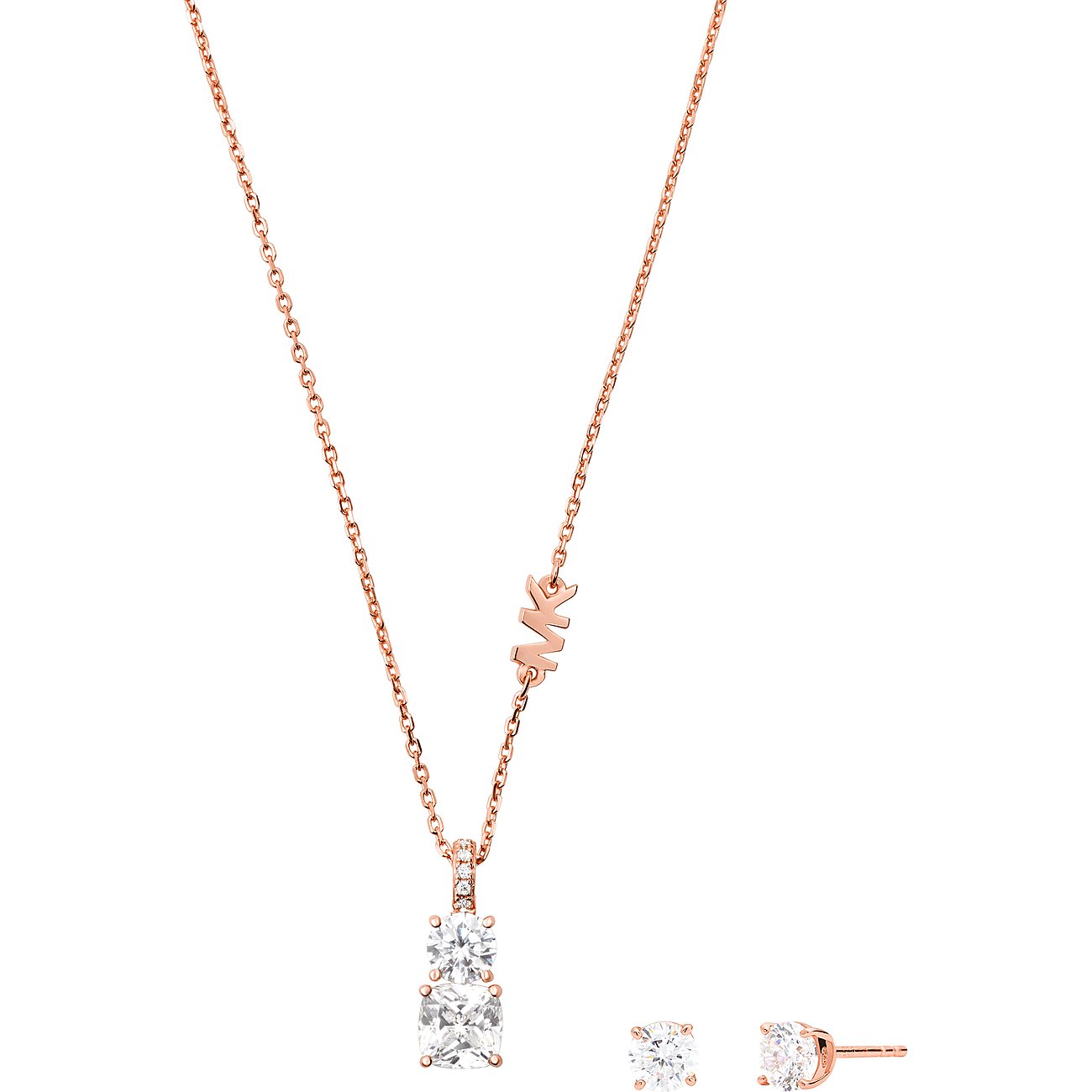 Michael Kors smykkesæt i rosaforgyldt sølv med halskæde og ørestikker, besat med zirkonia.