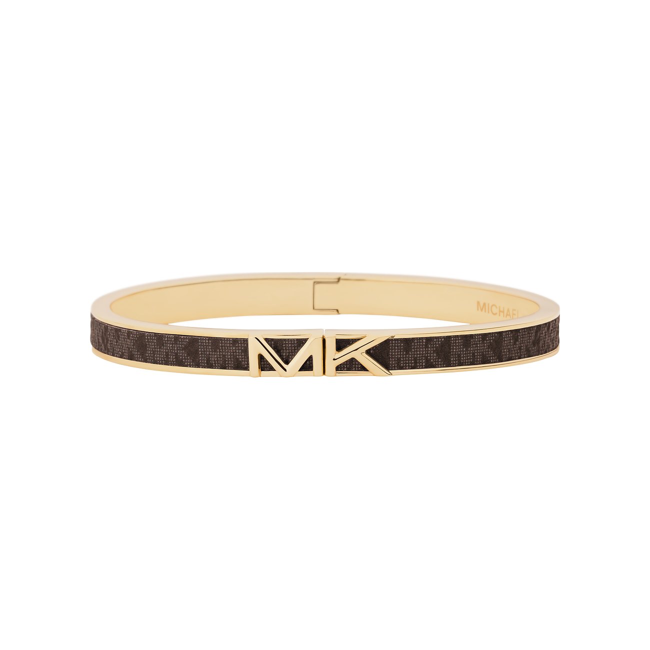 Michael Kors Armreif aus goldfarbenem Edelstahl und Kunststoff mit braunem Monogramm-Muster und „MK“-Initialen.