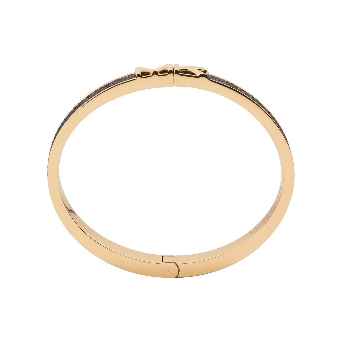 Michael Kors Armreif aus goldfarbenem Edelstahl und Kunststoff, von oben aufgenommen und leicht geöffnet.