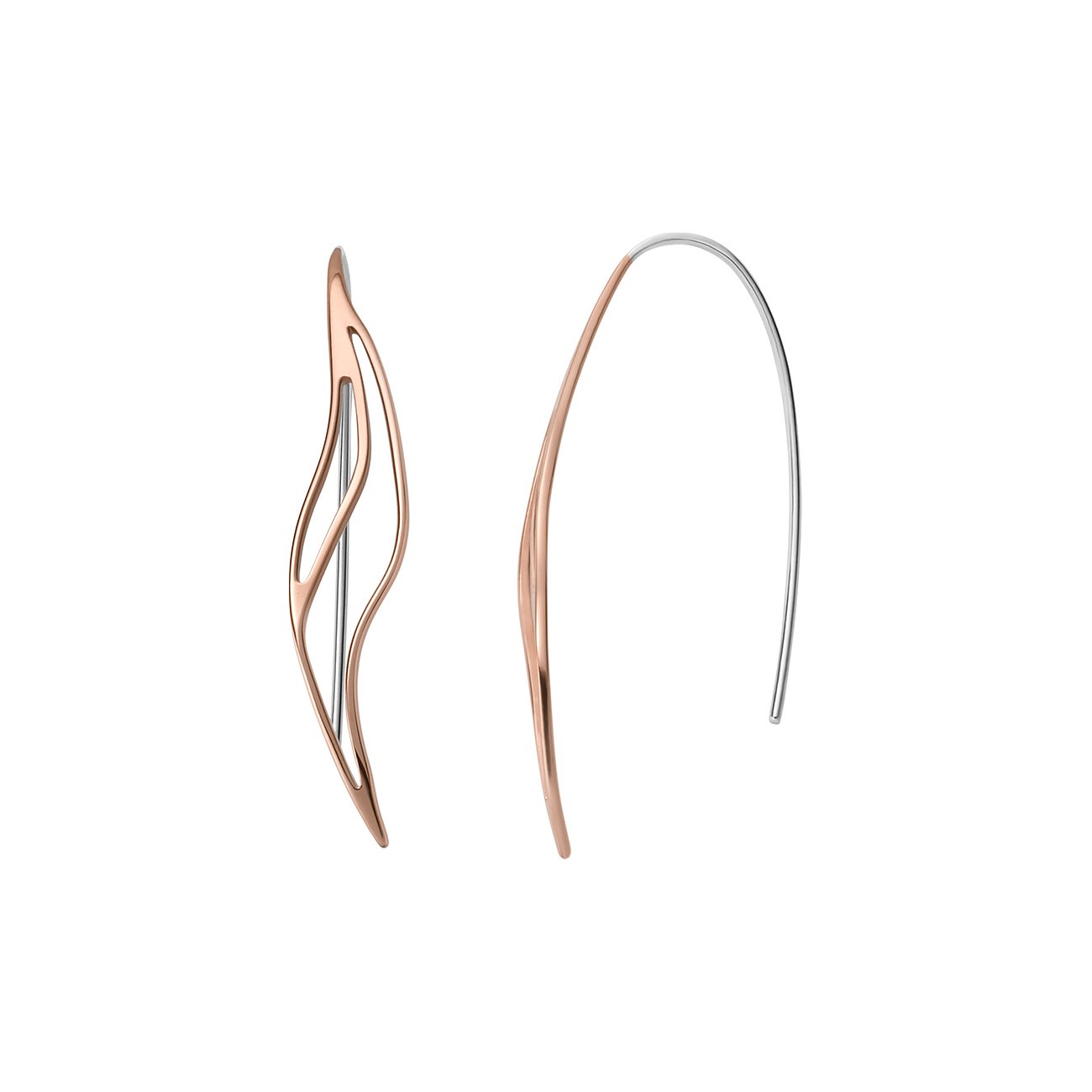 Ein Paar Skagen Ohrschmuck aus roségoldfarbenem Edelstahl. Der äußere Teil hat ein geschwungenes, offenes Design.