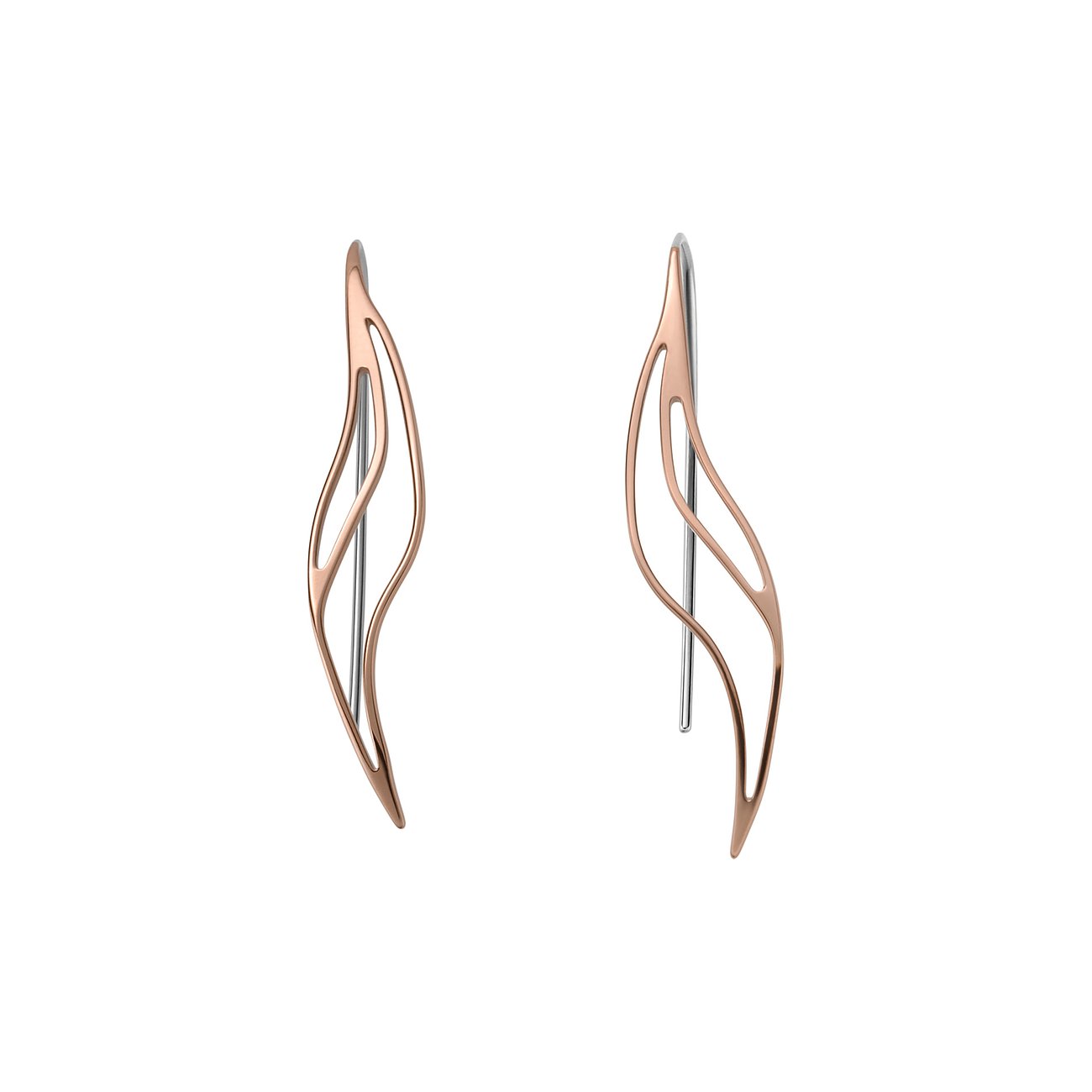 Ein Paar Skagen Ohrschmuck aus roségoldfarbenem Edelstahl. Die Hänger haben ein geschwungenes, offenes Design.