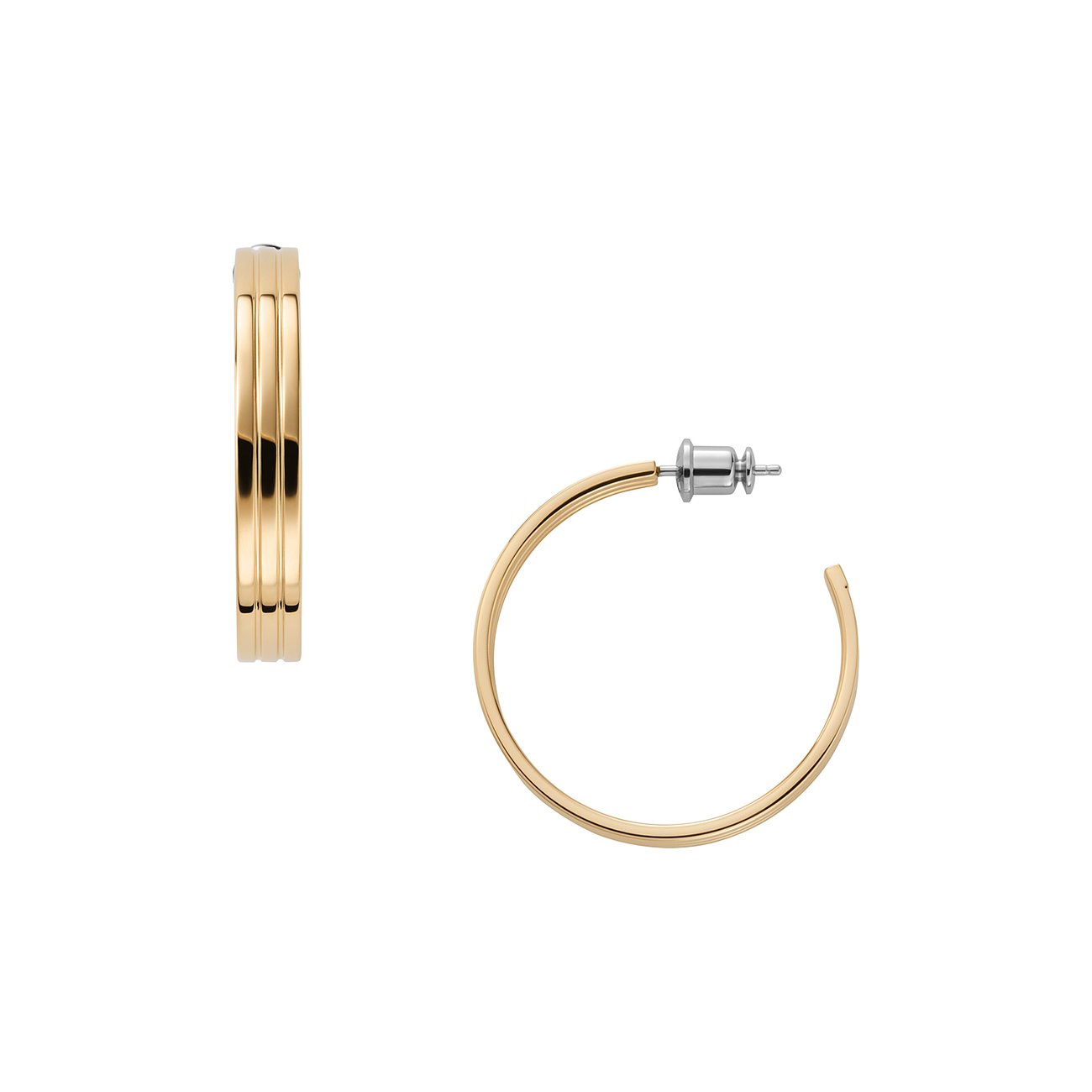 Ein Paar Skagen Creolen aus goldfarbenem Edelstahl. Eine davon ist seitlich sichtbar und geschlitzt.