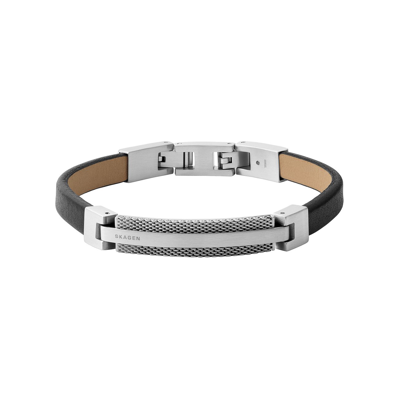 Bracelet Skagen en cuir noir et acier inoxydable argenté, orné d'un motif maille structuré sur le devant.
