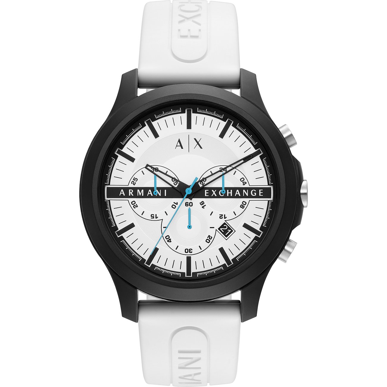 Armani Exchange Herrenuhr mit weißem Perlon/Nylon-Band und schwarzem Gehäuse auf weißem Hintergrund.