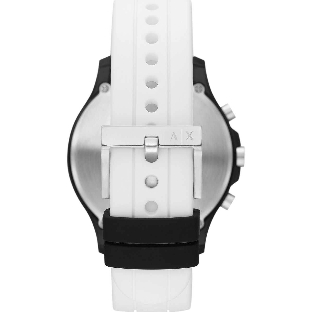 Rückansicht der Armani Exchange Herrenuhr mit schwarzem Gehäuse und weißem Perlon/Nylon-Armband.