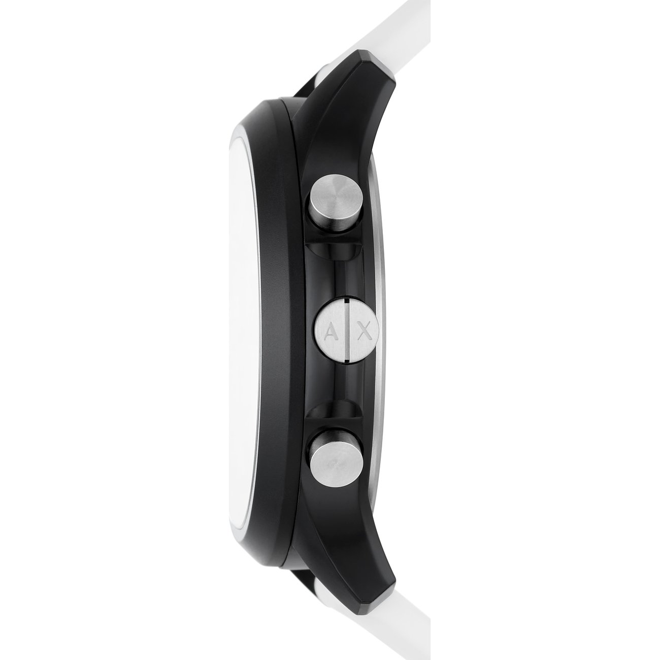 Seitenansicht einer Armani Exchange Herrenuhr mit schwarzem Gehäuse und weißem Perlon/Nylon-Armband.