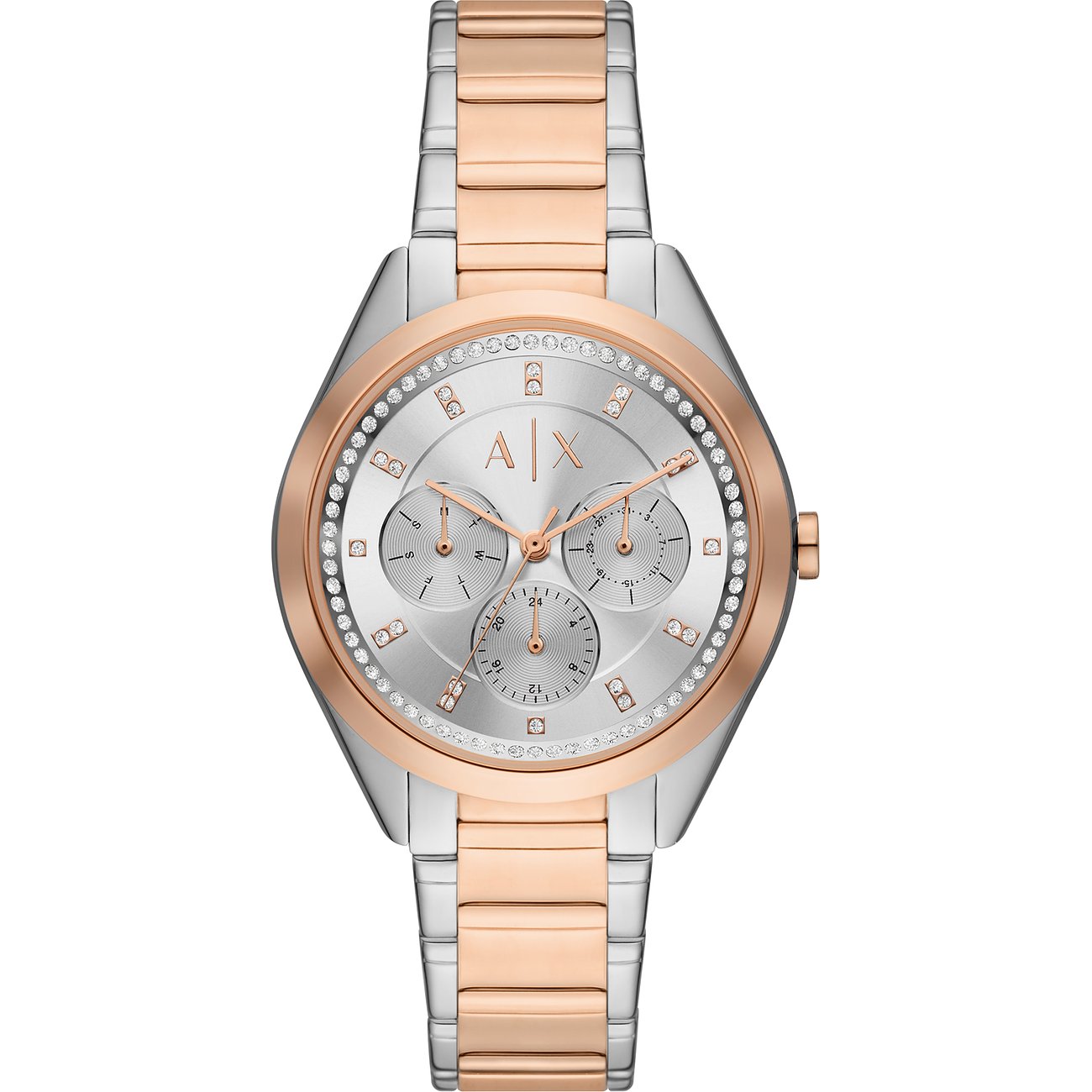 Armani Exchange Damenuhr aus bicolor Edelstahl mit roségoldfarbenem Gehäuse und Armband, verziert mit klaren Schmucksteinen.
