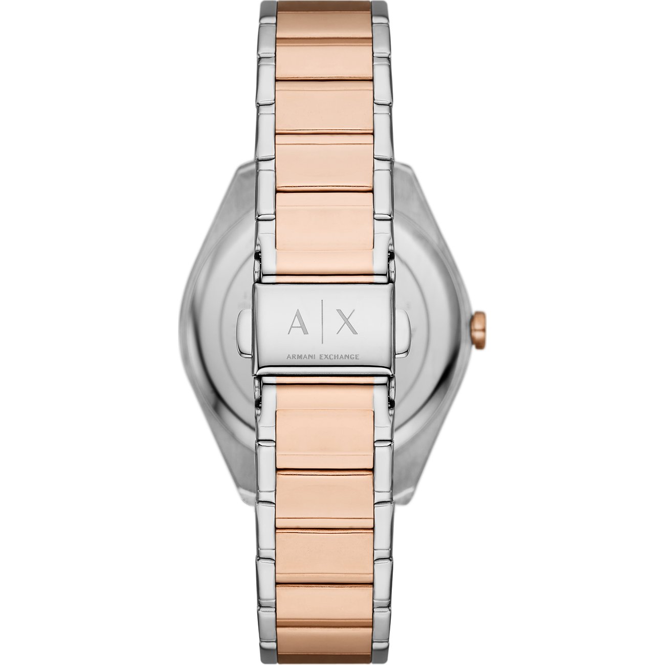 Rückansicht der Armani Exchange Damenuhr aus Edelstahl mit roségoldfarbenen und silbernen Gliedern und Logo auf der Schließe.