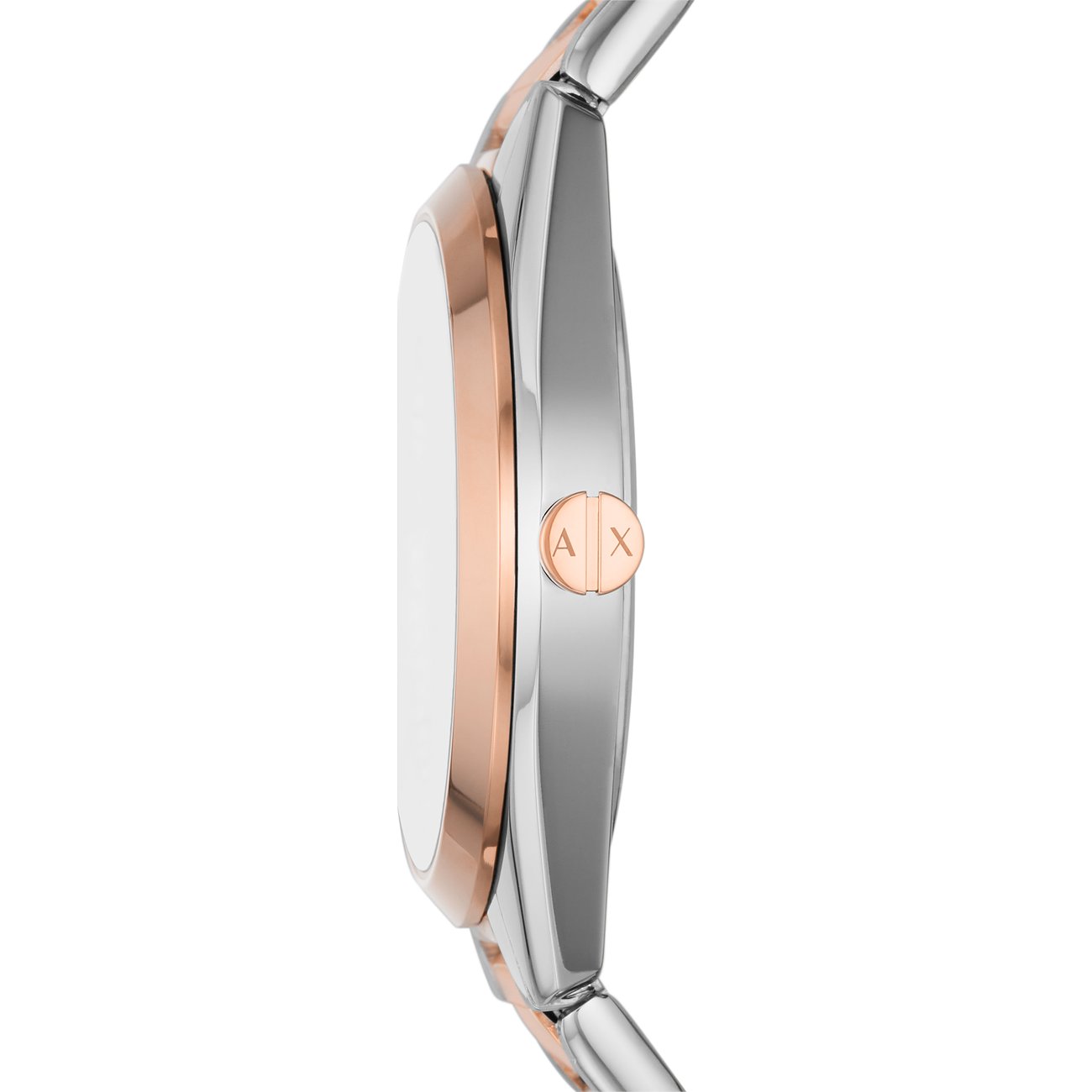 Seitenansicht der Armani Exchange Damenuhr aus kontrastierendem silberfarbenem und roségoldfarbenem Edelstahl.