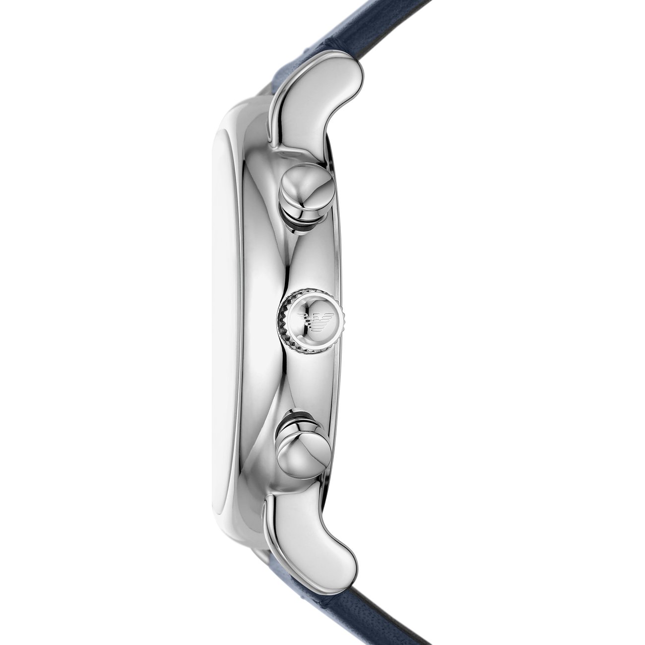 Seitenansicht einer Emporio Armani Herrenuhr aus silberfarbenem Edelstahl mit Chronographenknöpfen und dunkelblauem Armband.